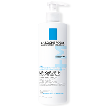 Produktverpackung von Lipikar Leichter Balsam AP+M La Roche-Posay 400 ml, beruhigender und feuchtigkeitsspendender Balsam für trockene Haut.